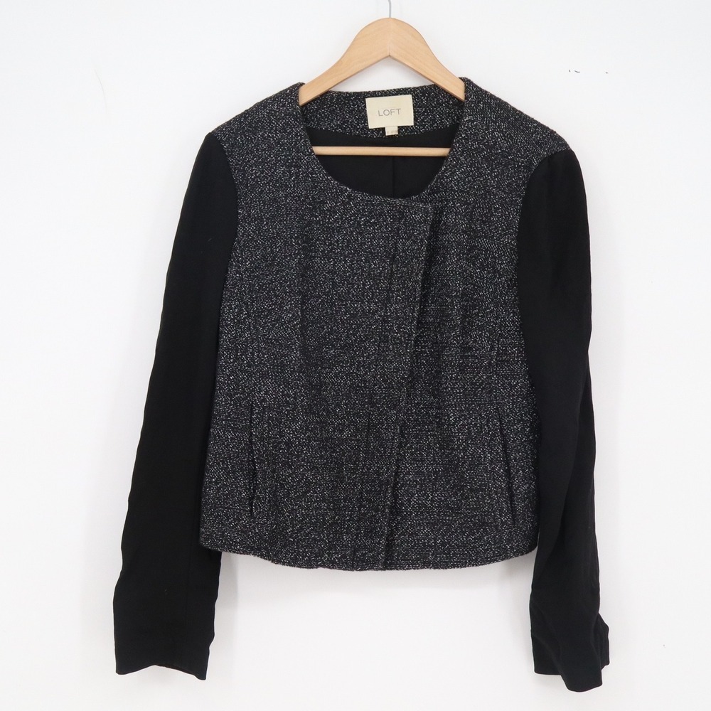 Ann Taylor LOFT Jacket Womens 12 Mixed Media Tweed Asymmetrical Black Excellent
